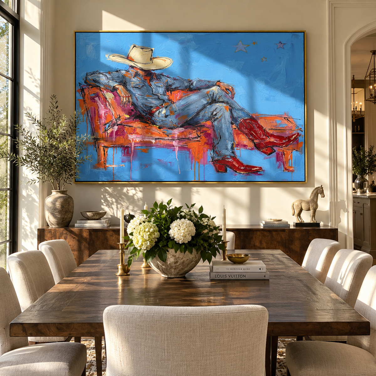 Cobalt Sofa, Scarlet Boots - reclining cowboy painting shown in modern room setting 3