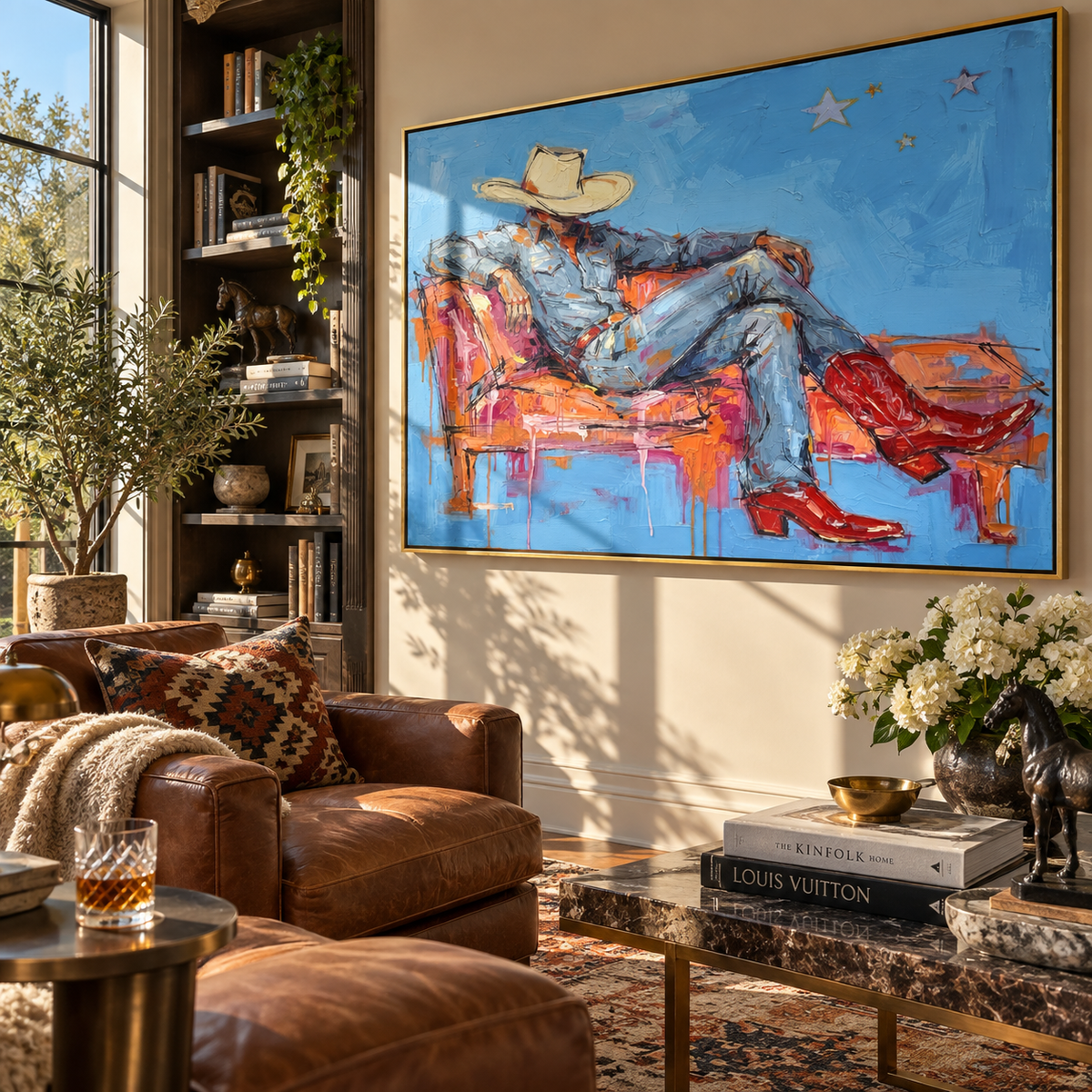 Cobalt Sofa, Scarlet Boots - reclining cowboy painting shown in modern room setting 5