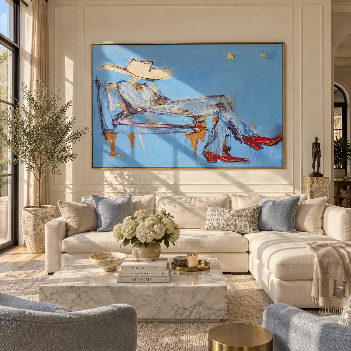 Pale Blue Siesta - resting cowboy painting displayed in a styled interior