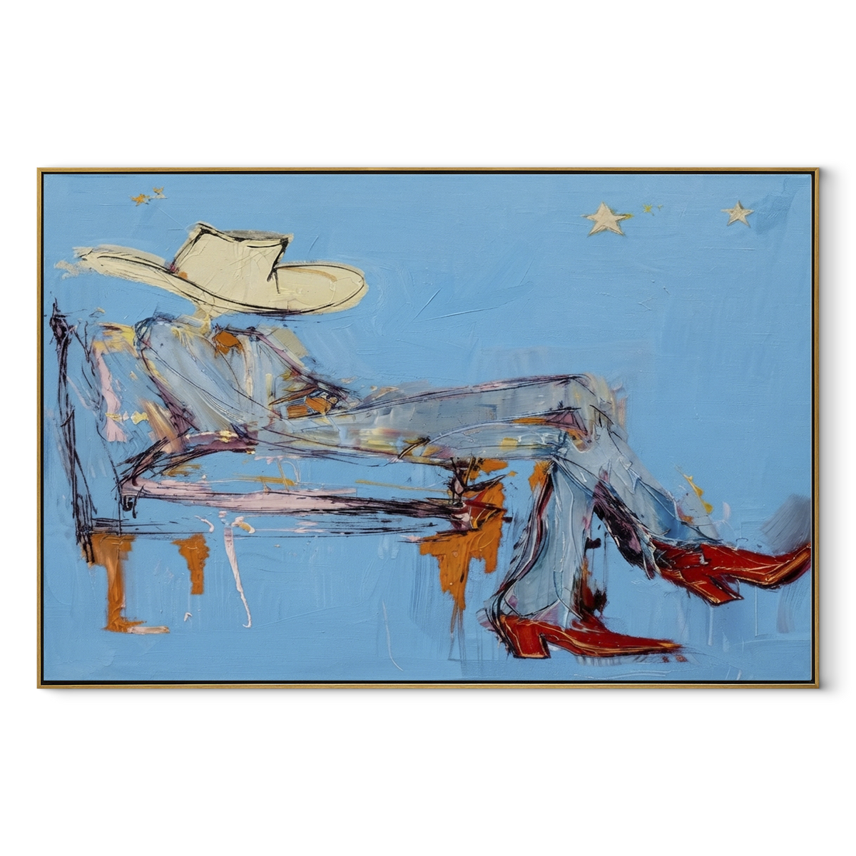 Pale Blue Siesta - resting cowboy painting in a wood frame on white