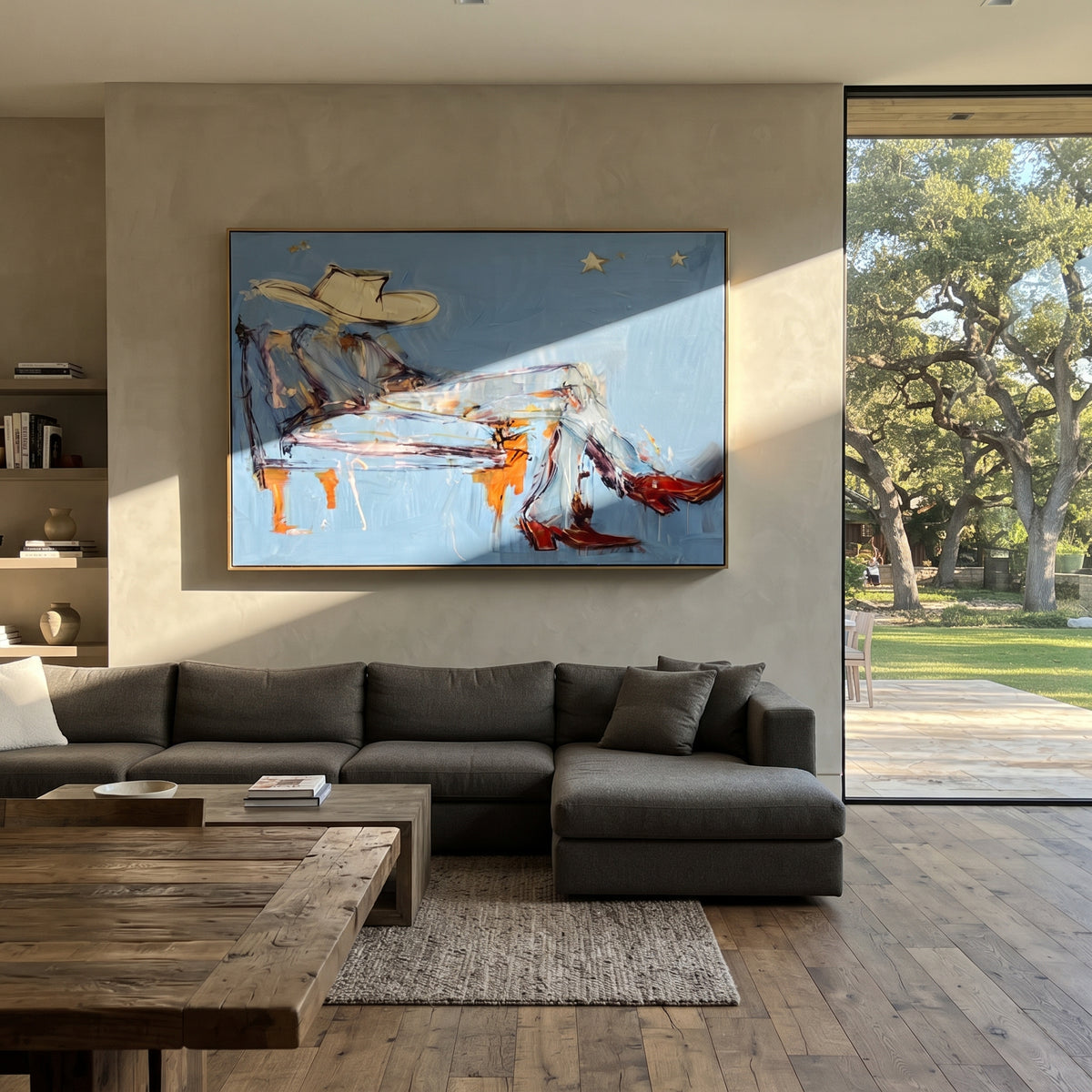 Pale Blue Siesta - resting cowboy painting shown in modern room setting 5