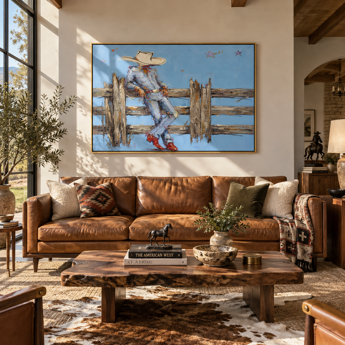 Fence Line Respite - resting ranch cowboy painting shown in modern room setting 2