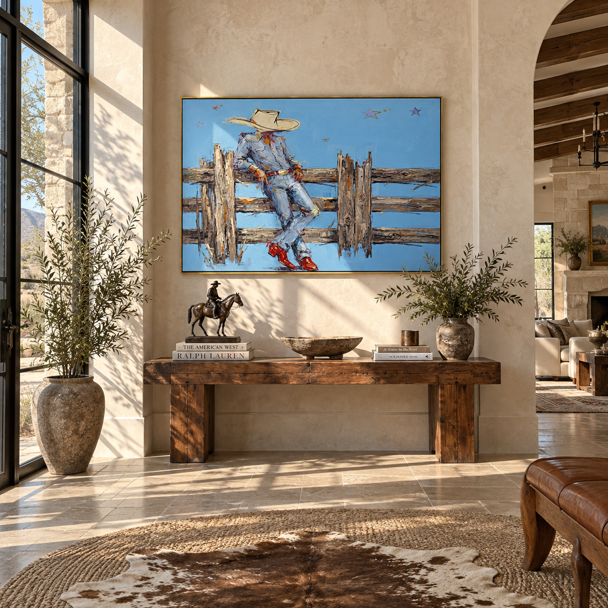 Fence Line Respite - resting ranch cowboy painting shown in modern room setting 3