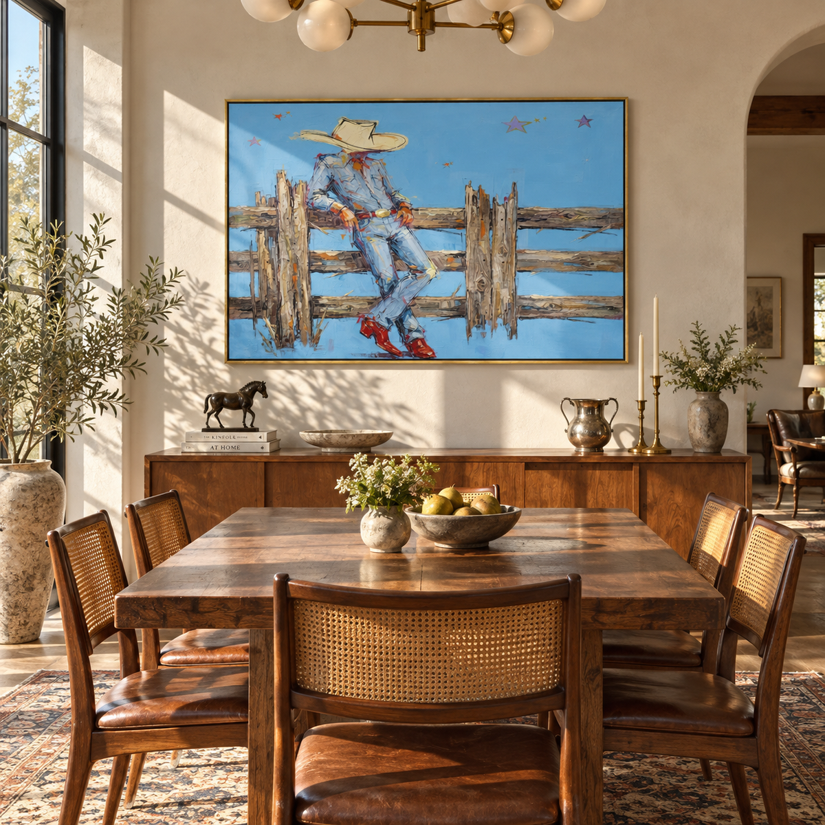 Fence Line Respite - resting ranch cowboy painting shown in modern room setting 4
