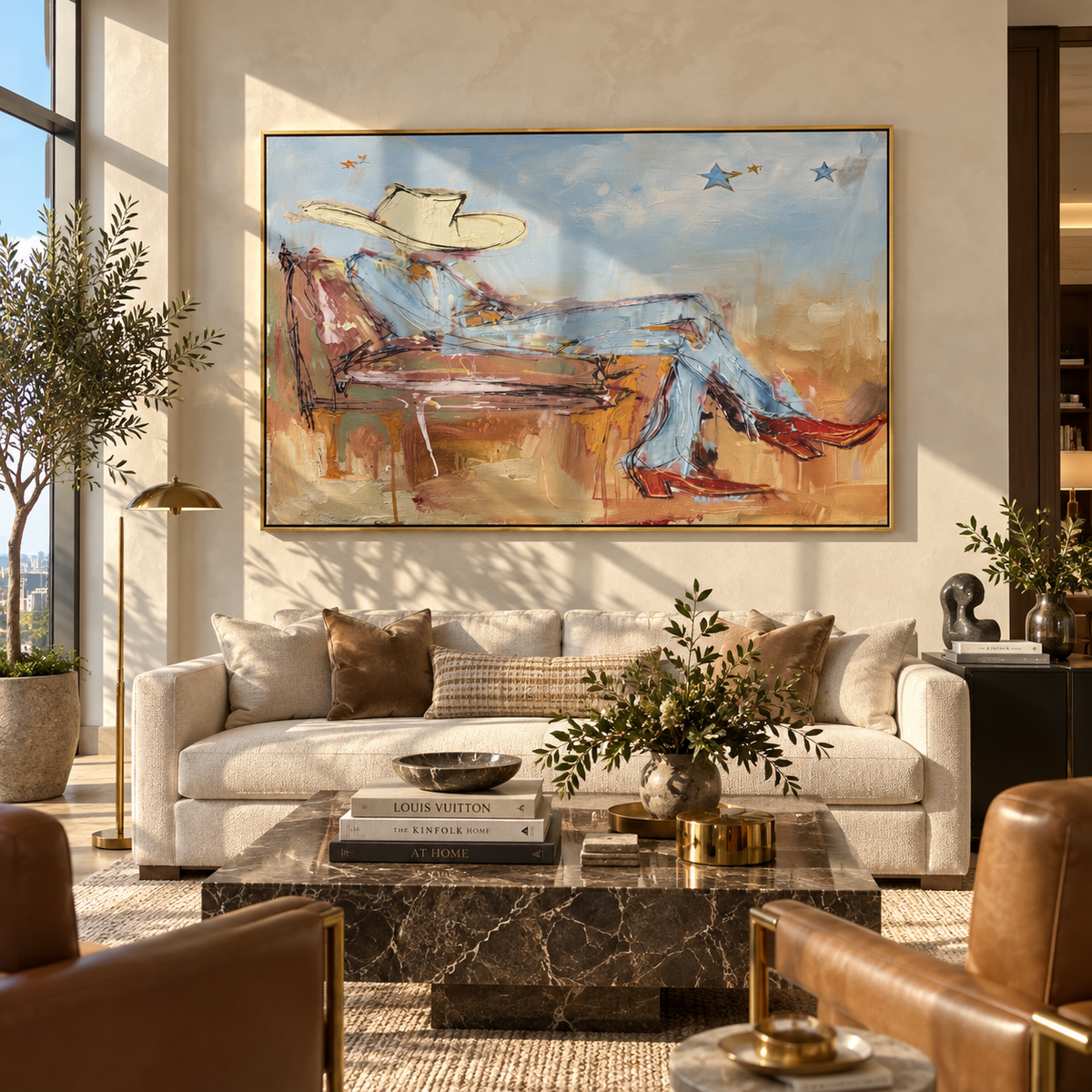 Cloudlight on the Sofa - reclining cowboy painting displayed in a styled interior