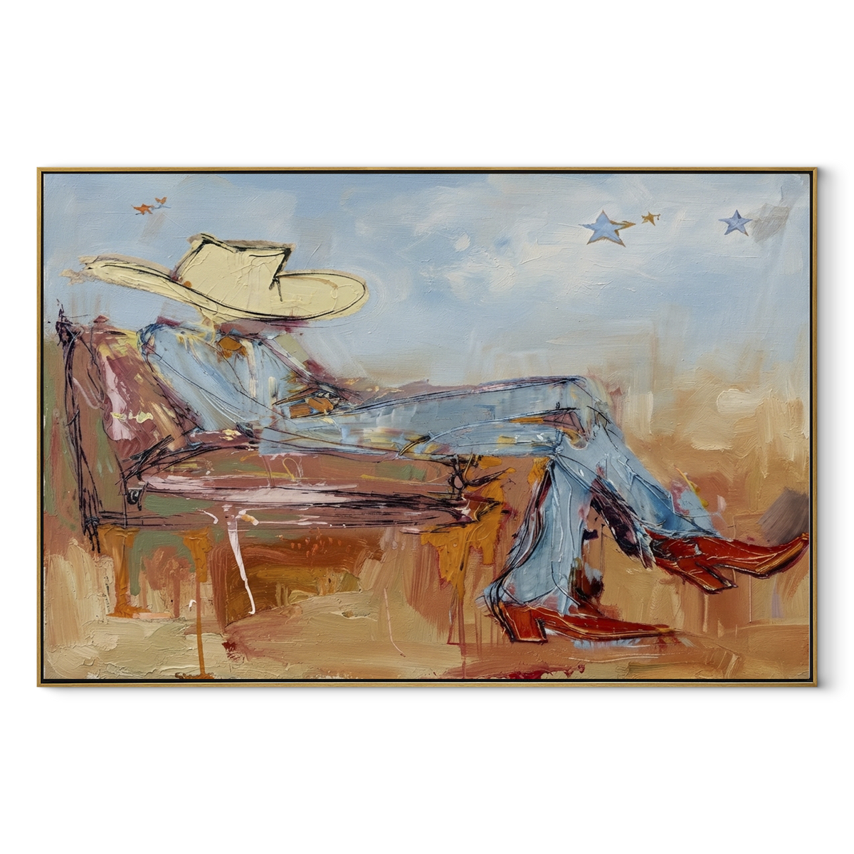 Cloudlight on the Sofa - reclining cowboy painting in a wood frame on white