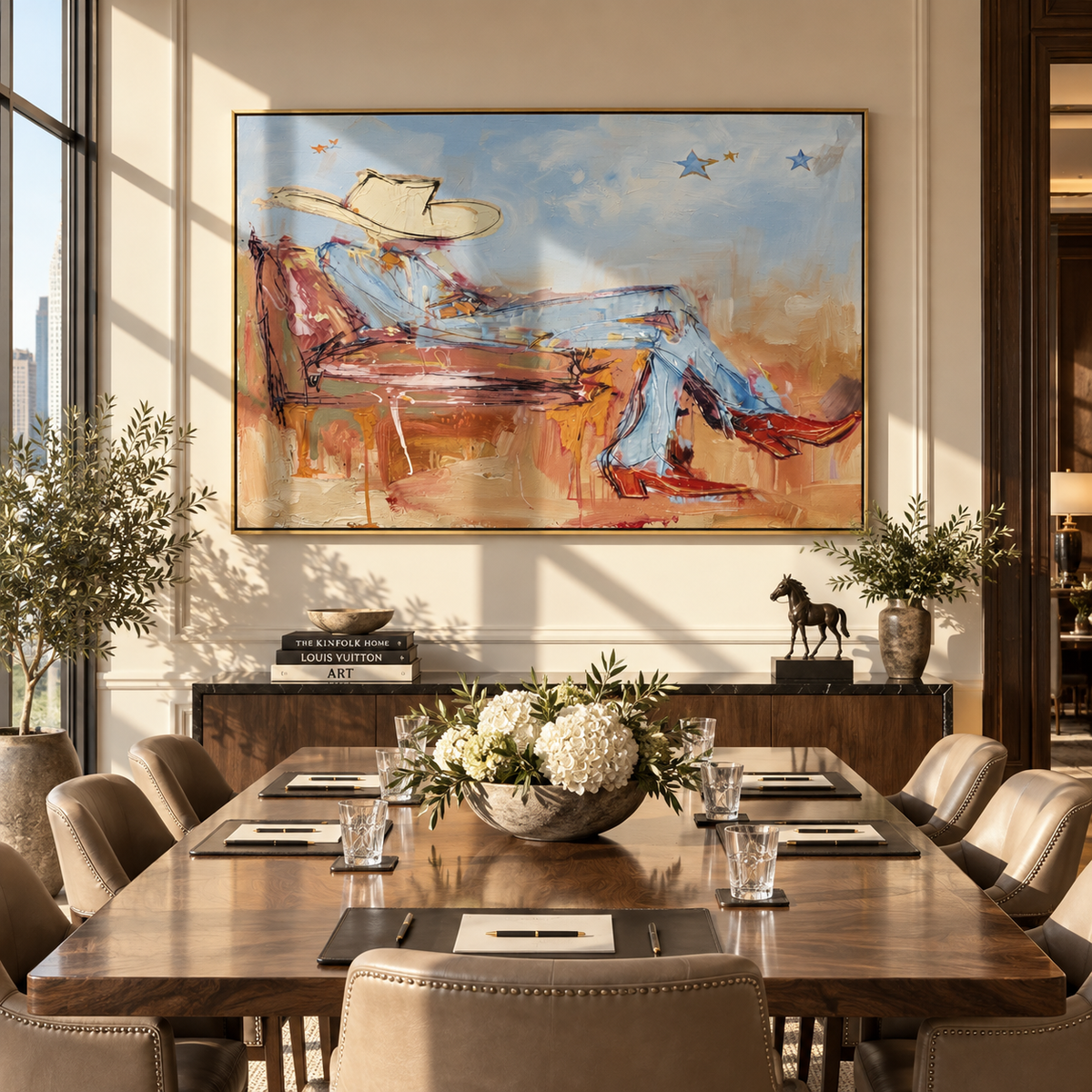 Cloudlight on the Sofa - reclining cowboy painting shown in modern room setting 3