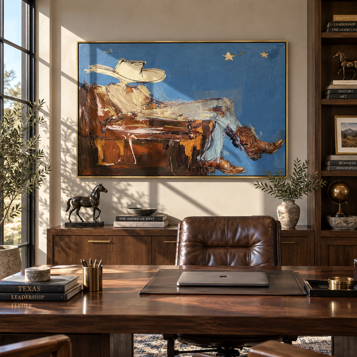 Blue Horizon, Brown Boots - resting cowboy painting shown in modern room setting 2