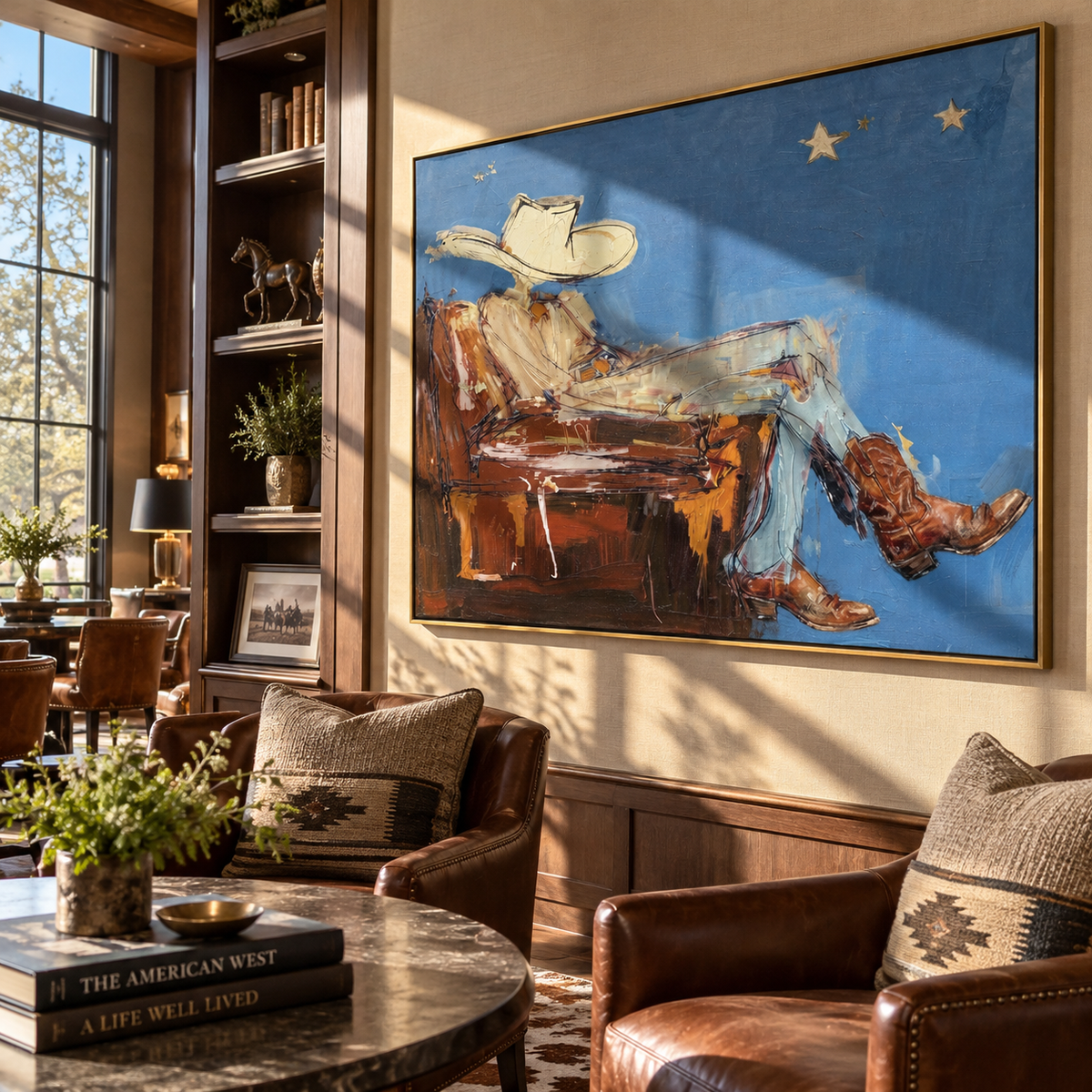 Blue Horizon, Brown Boots - resting cowboy painting shown in modern room setting 3