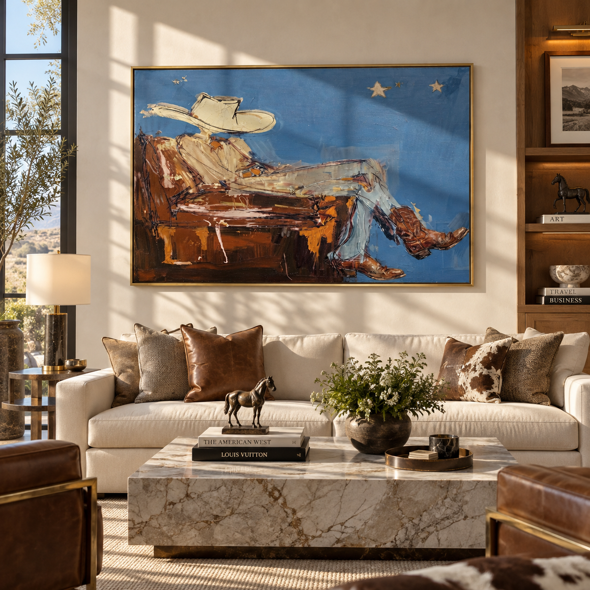 Blue Horizon, Brown Boots - resting cowboy painting shown in modern room setting 4