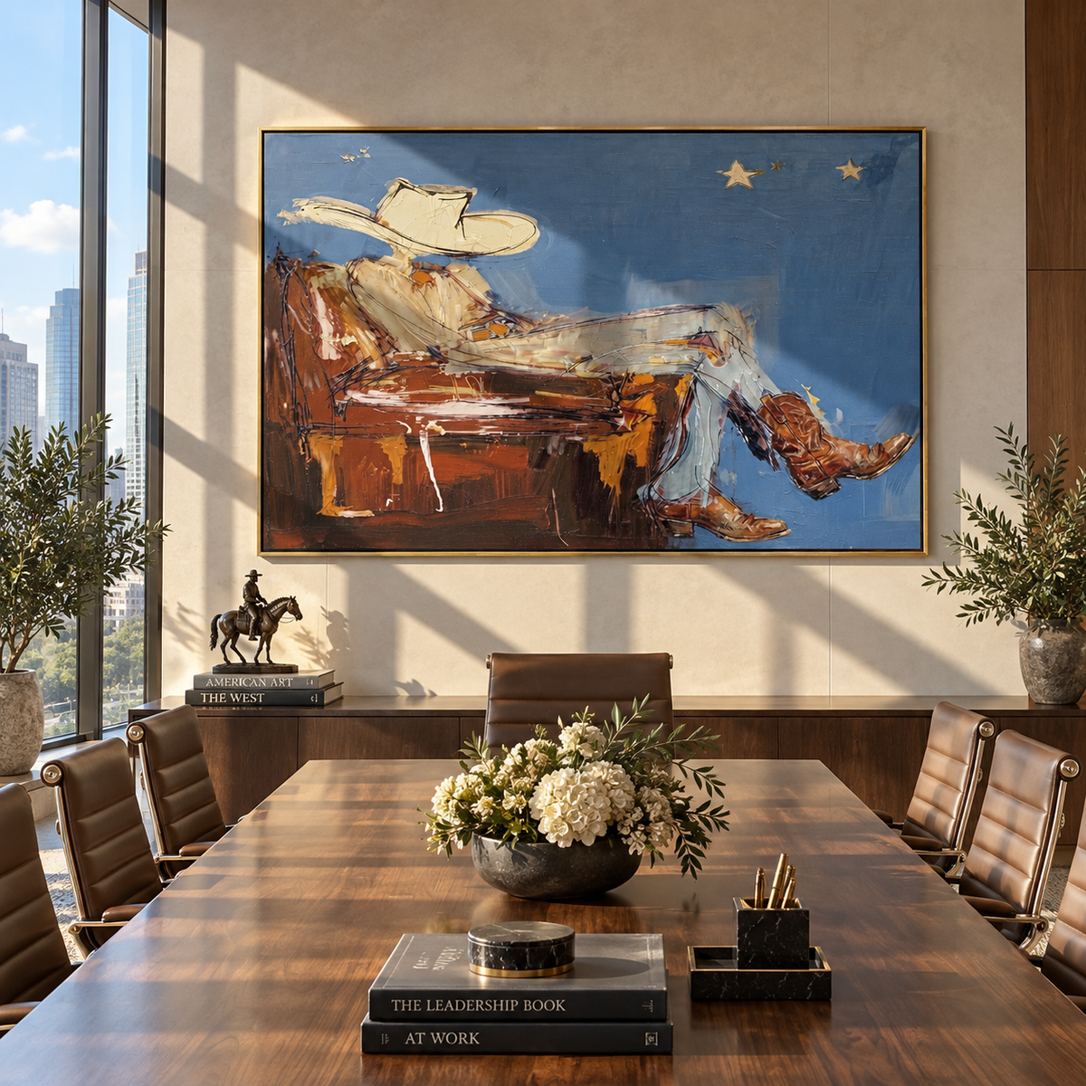 Blue Horizon, Brown Boots - resting cowboy painting shown in modern room setting 5