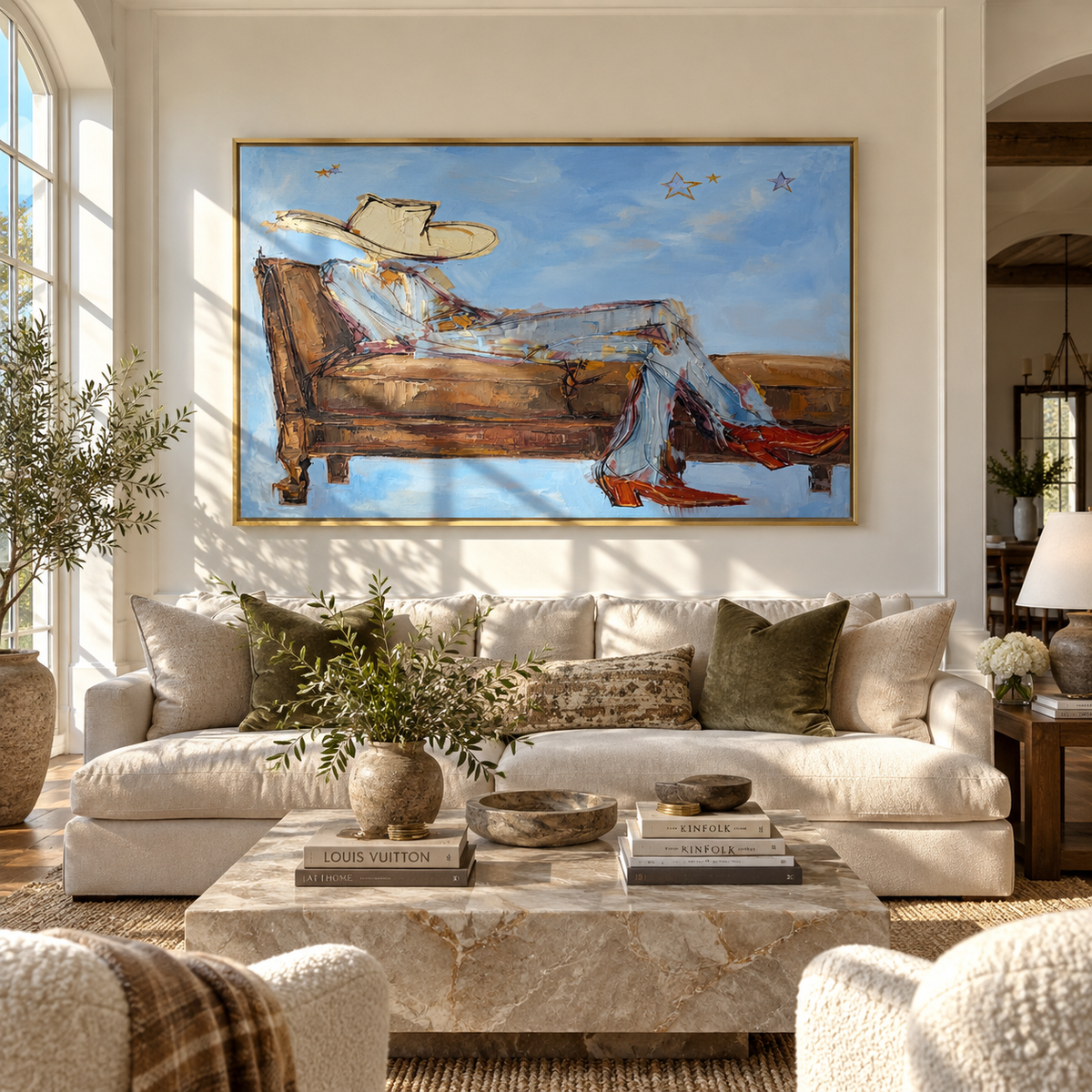 Pale Sky, Long Rest - reclining cowboy painting displayed in a styled interior
