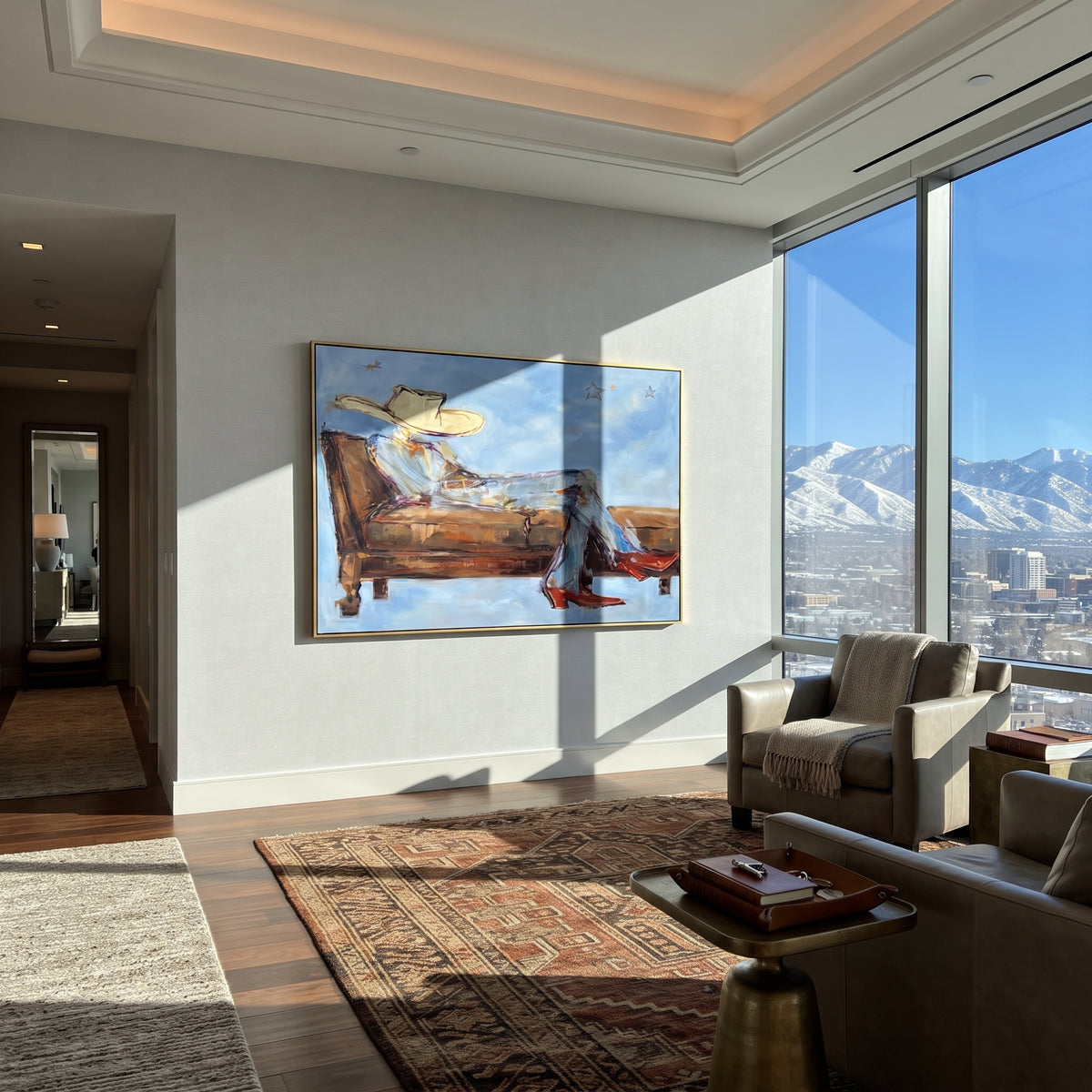 Pale Sky, Long Rest - reclining cowboy painting shown in modern room setting 5