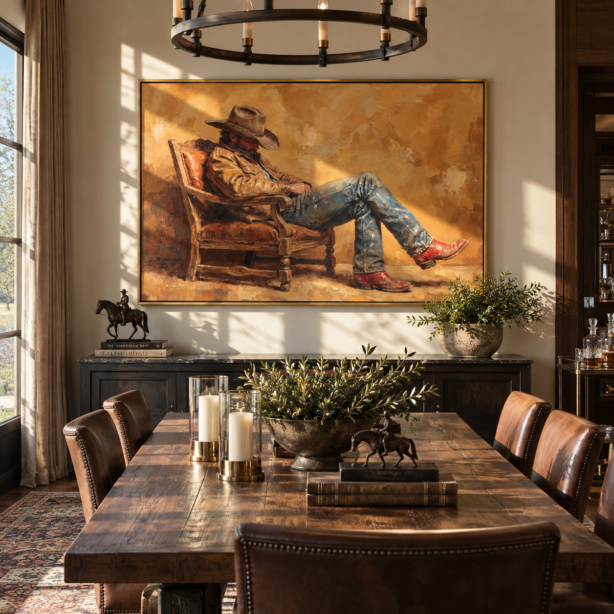 Amber Room Solitude - seated cowboy painting shown in modern room setting 2