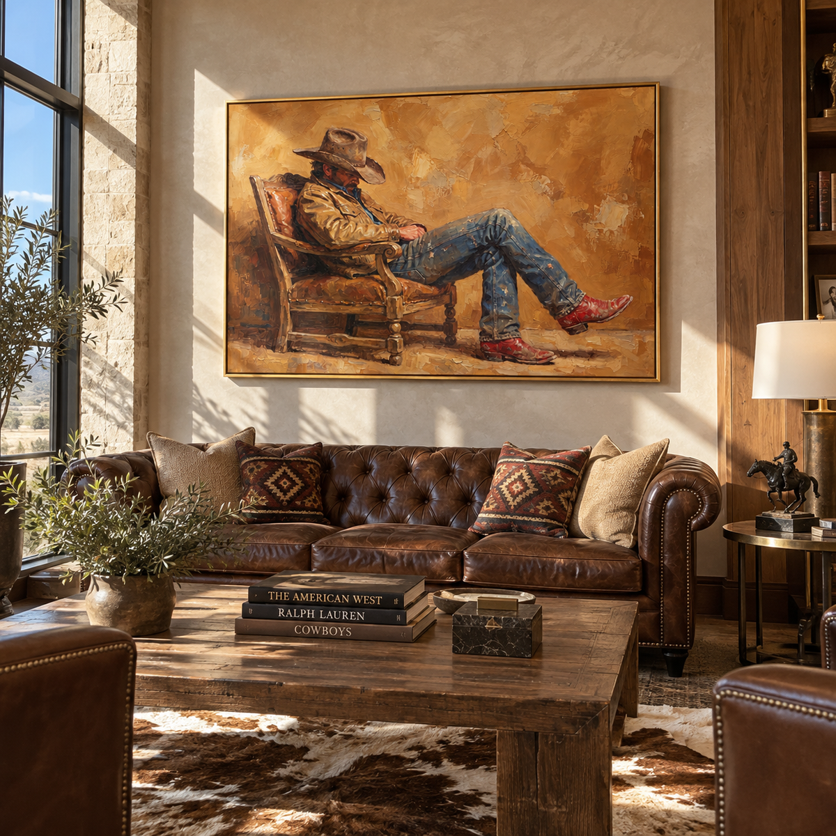 Amber Room Solitude - seated cowboy painting shown in modern room setting 4