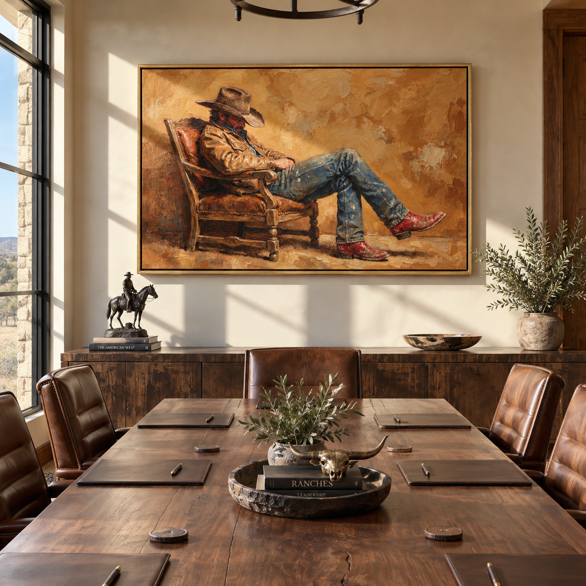Amber Room Solitude - seated cowboy painting shown in modern room setting 5