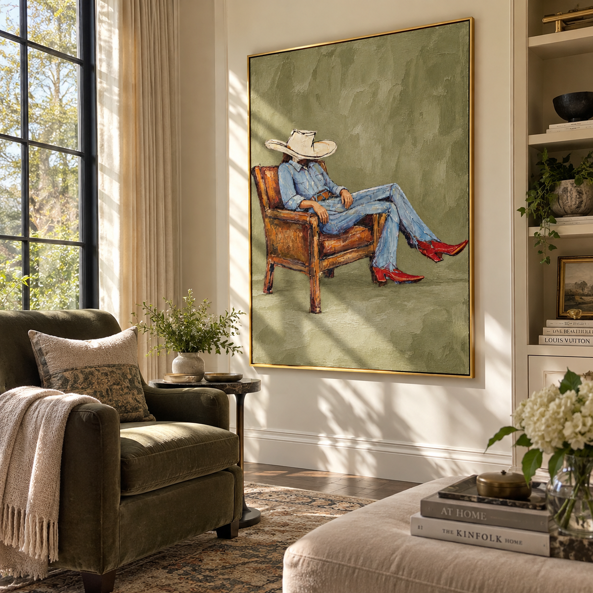 Sage Chair, Red Boots - seated cowboy portrait painting displayed in a styled interior