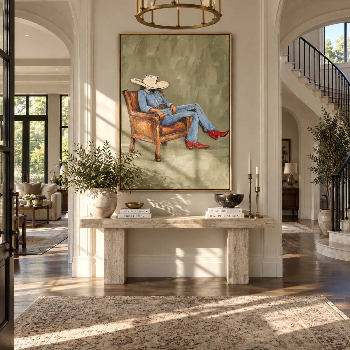 Sage Chair, Red Boots - seated cowboy portrait painting shown in modern room setting 3
