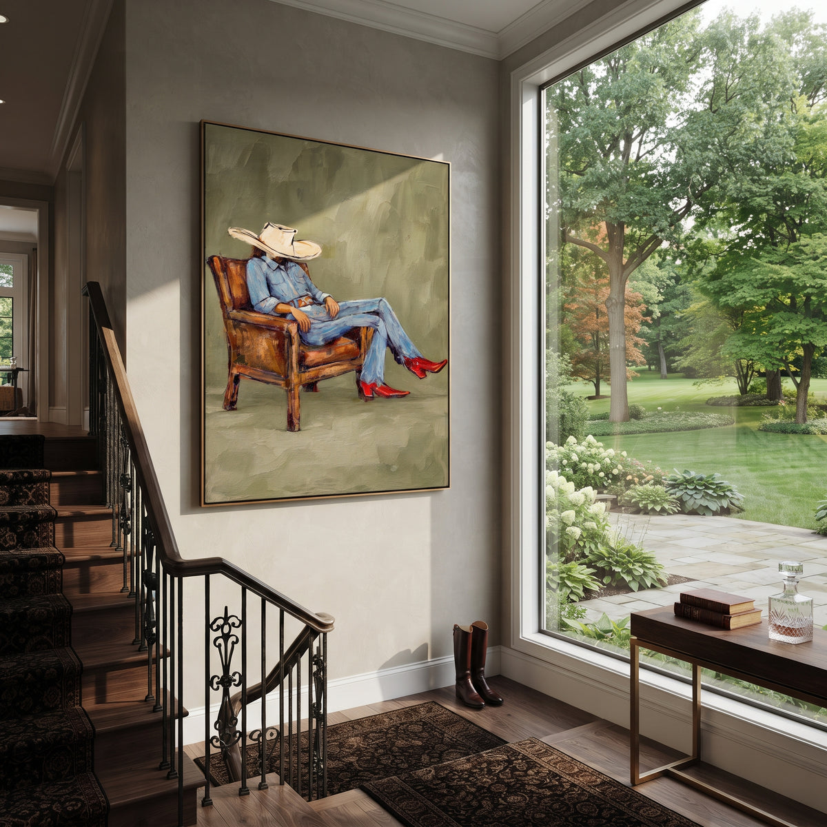 Sage Chair, Red Boots - seated cowboy portrait painting shown in modern room setting 5