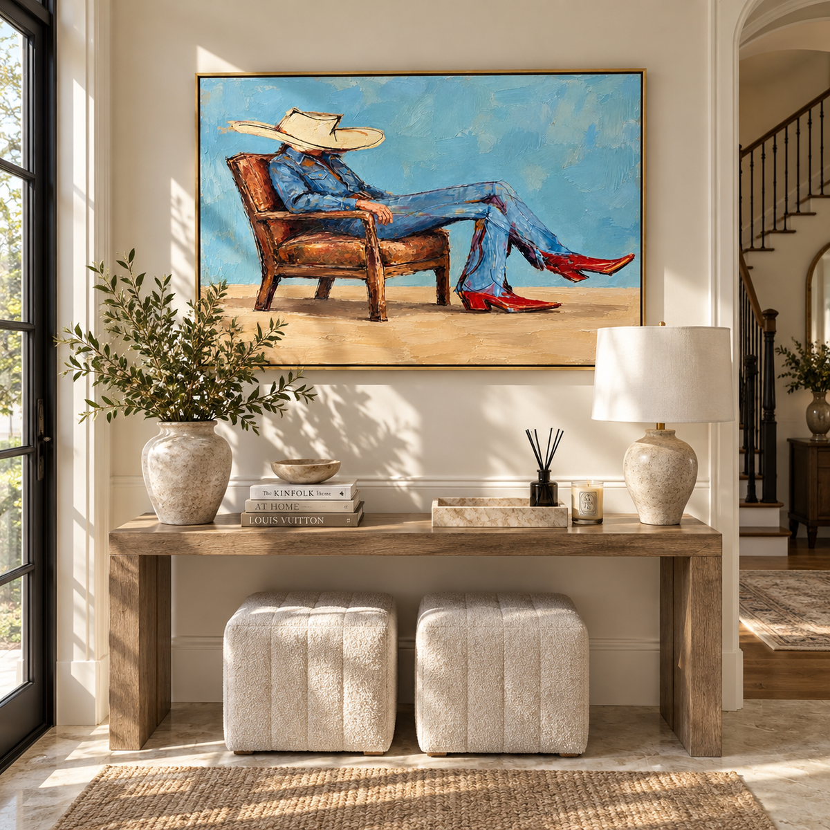 Open Sky Armchair - relaxed cowboy painting shown in modern room setting 2