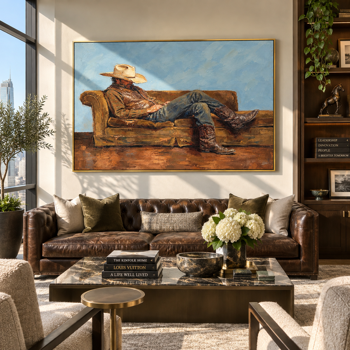 Brown Sofa, Blue Horizon - reclining cowboy painting displayed in a styled interior