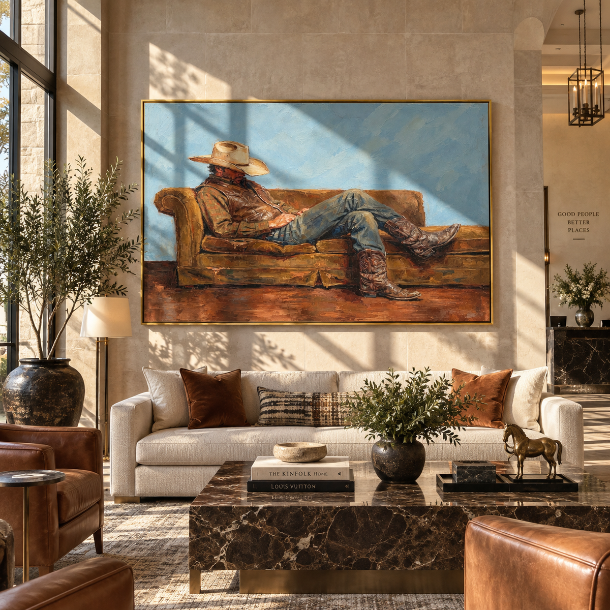 Brown Sofa, Blue Horizon - reclining cowboy painting shown in modern room setting 4
