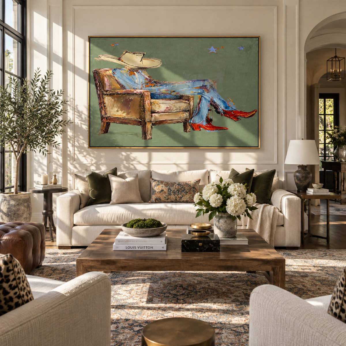 Sage Sofa Reverie - resting cowboy painting displayed in a styled interior