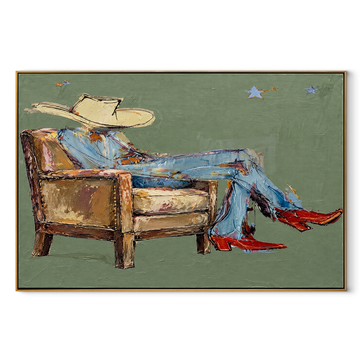 Sage Sofa Reverie - resting cowboy painting in a wood frame on white