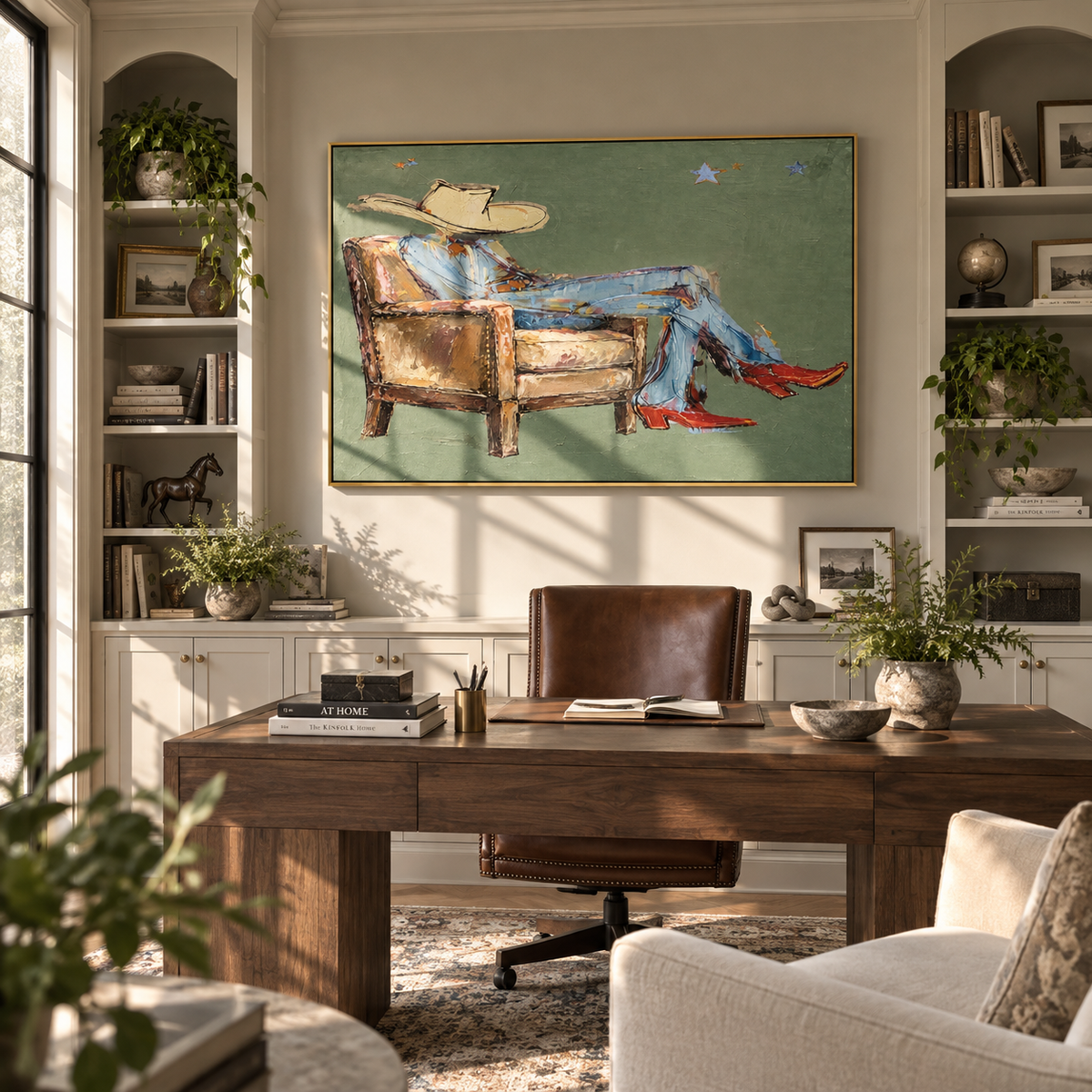 Sage Sofa Reverie - resting cowboy painting shown in modern room setting 4
