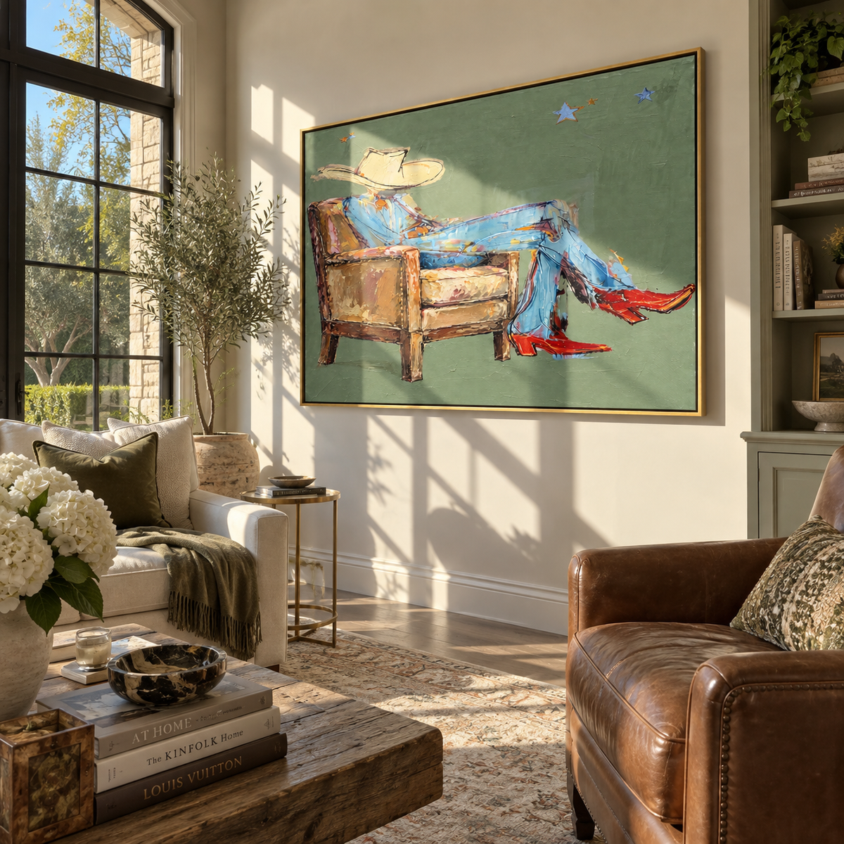 Sage Sofa Reverie - resting cowboy painting shown in modern room setting 5