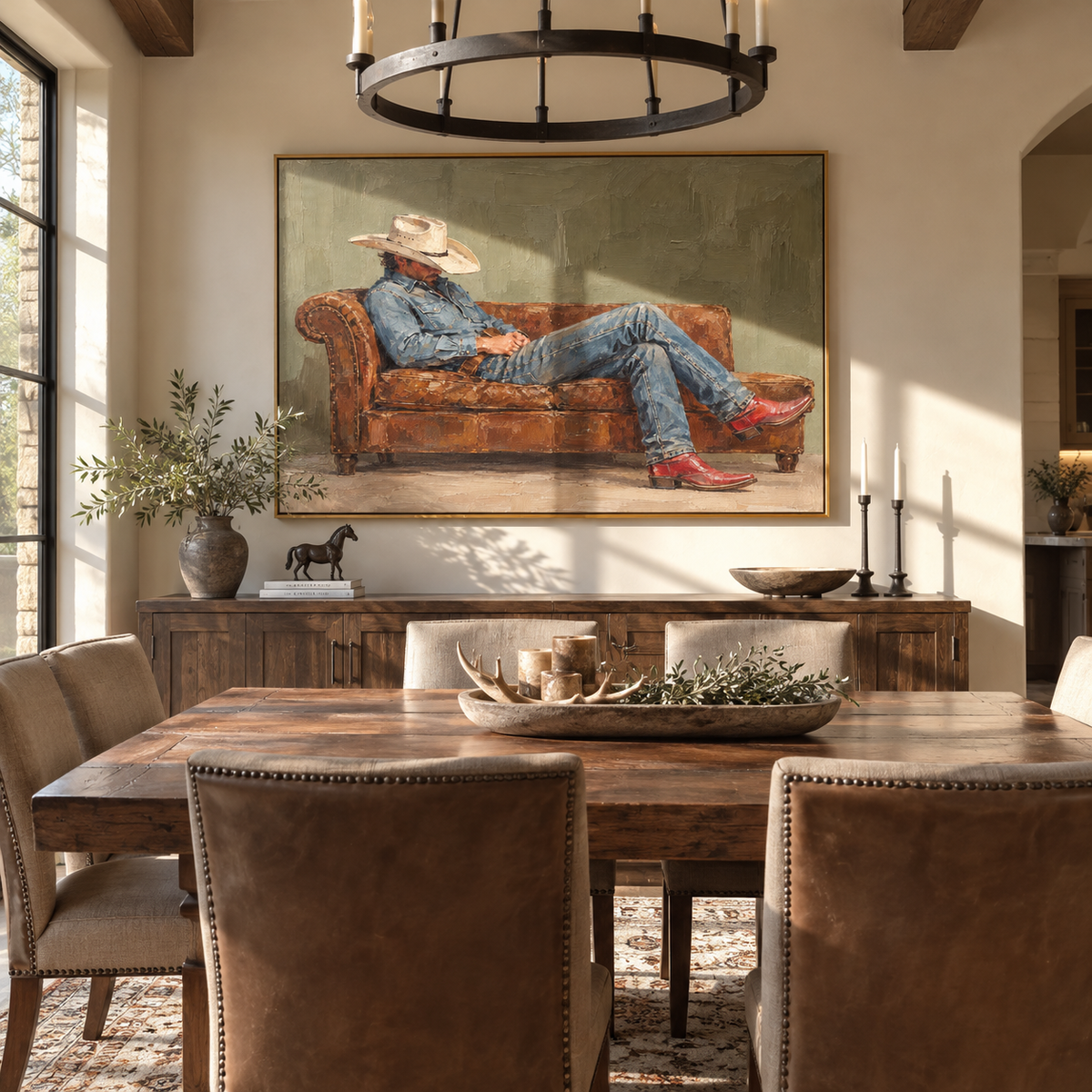 Olive Room, Quiet Recline - relaxed cowboy painting shown in modern room setting 2