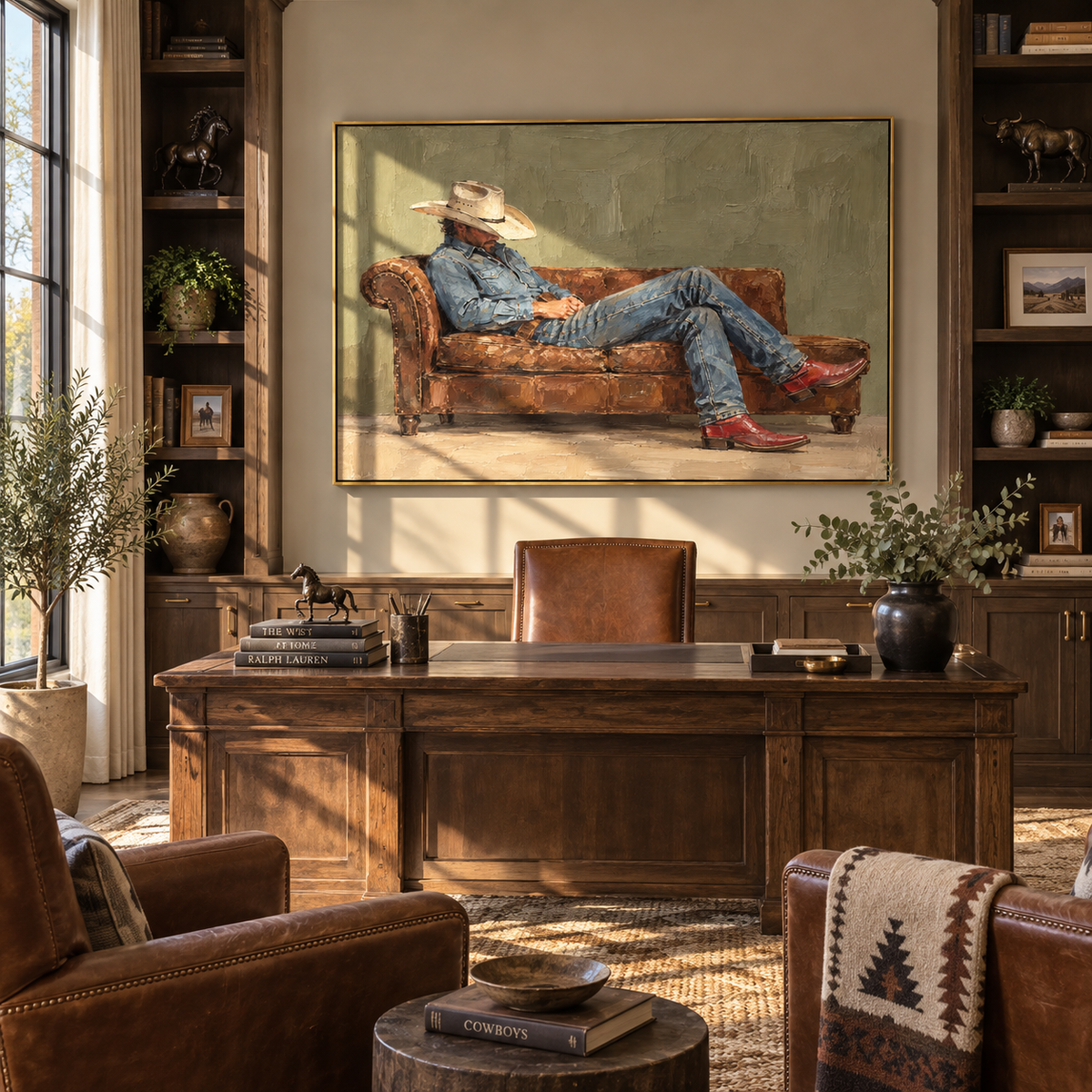 Olive Room, Quiet Recline - relaxed cowboy painting shown in modern room setting 4