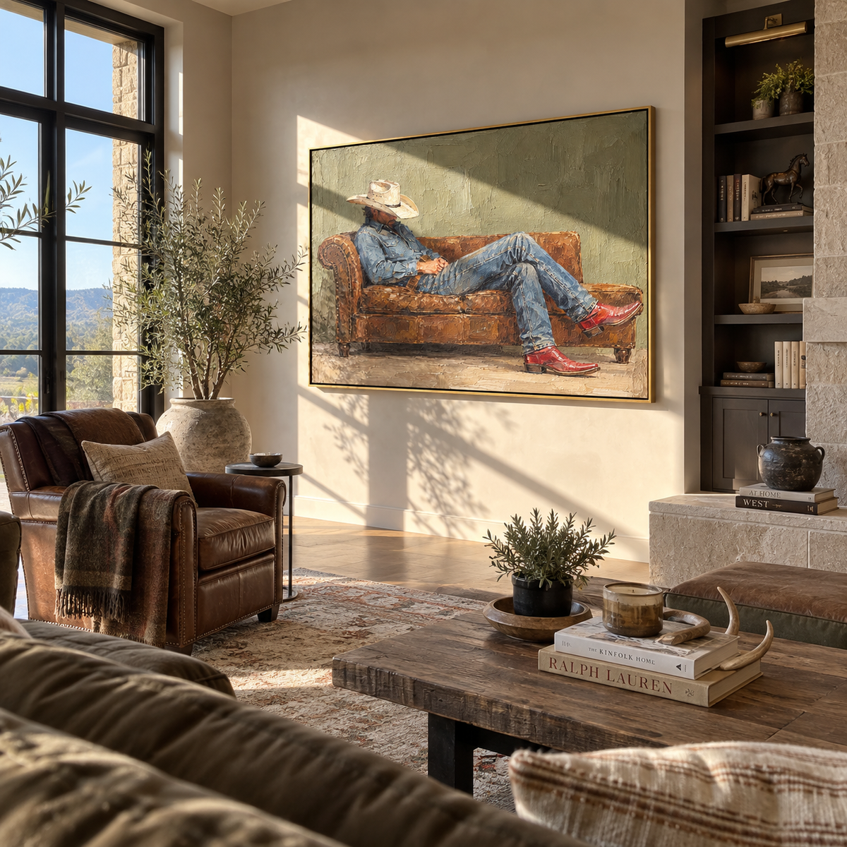 Olive Room, Quiet Recline - relaxed cowboy painting shown in modern room setting 5