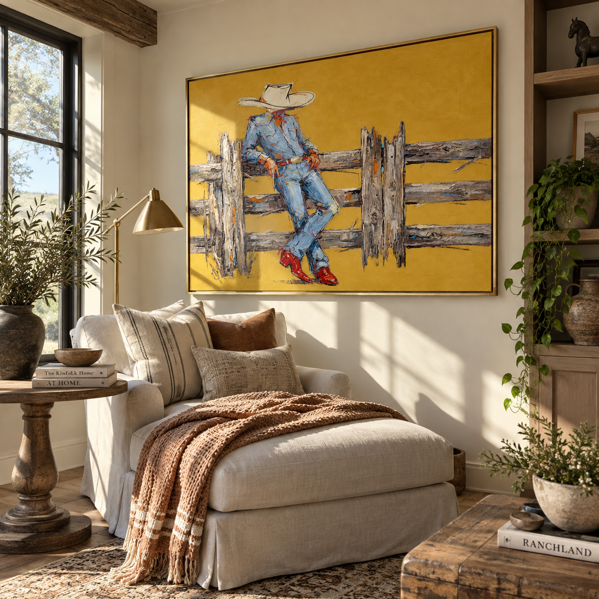 Golden Fence Break - cowboy by fence painting displayed in a styled interior