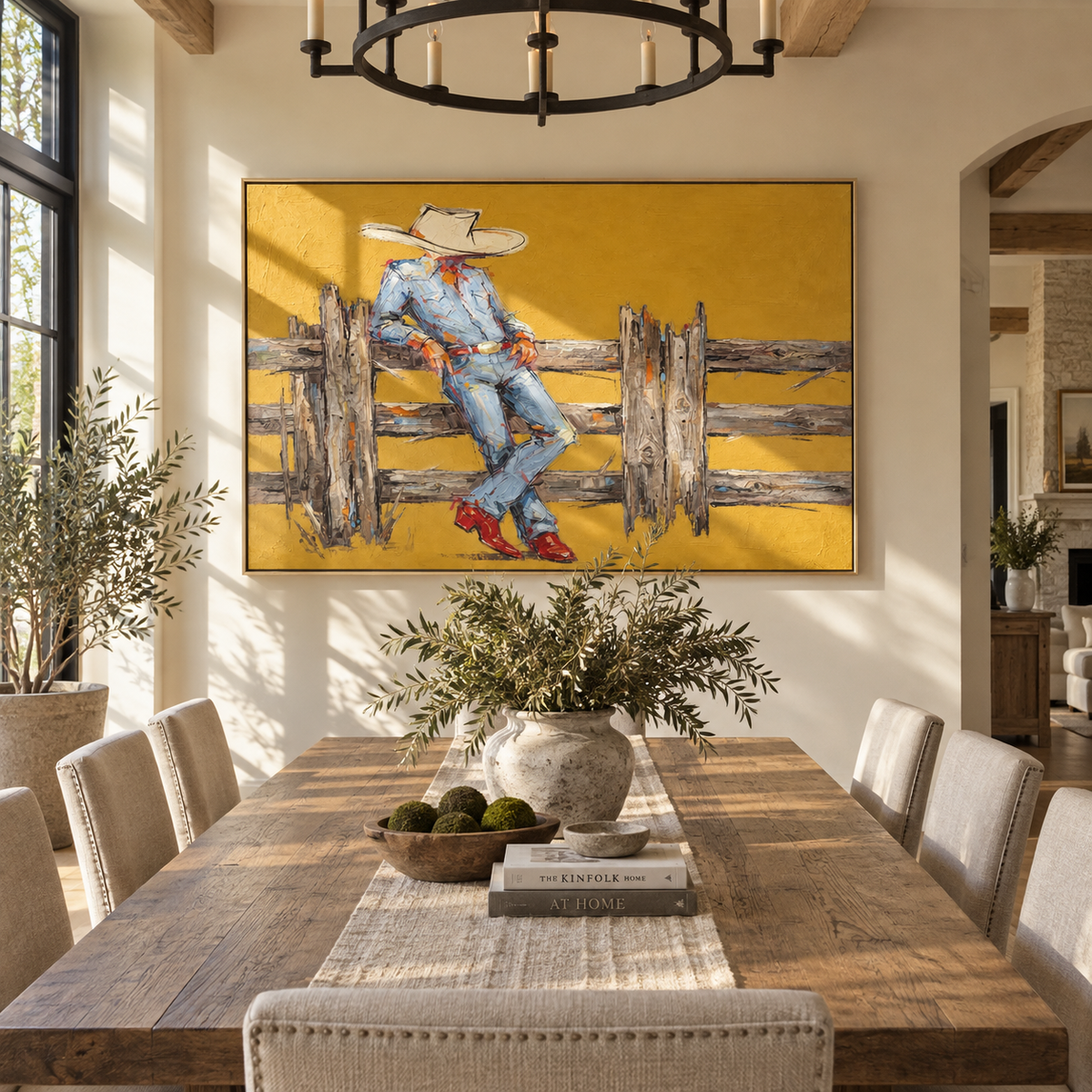 Golden Fence Break - cowboy by fence painting shown in modern room setting 3