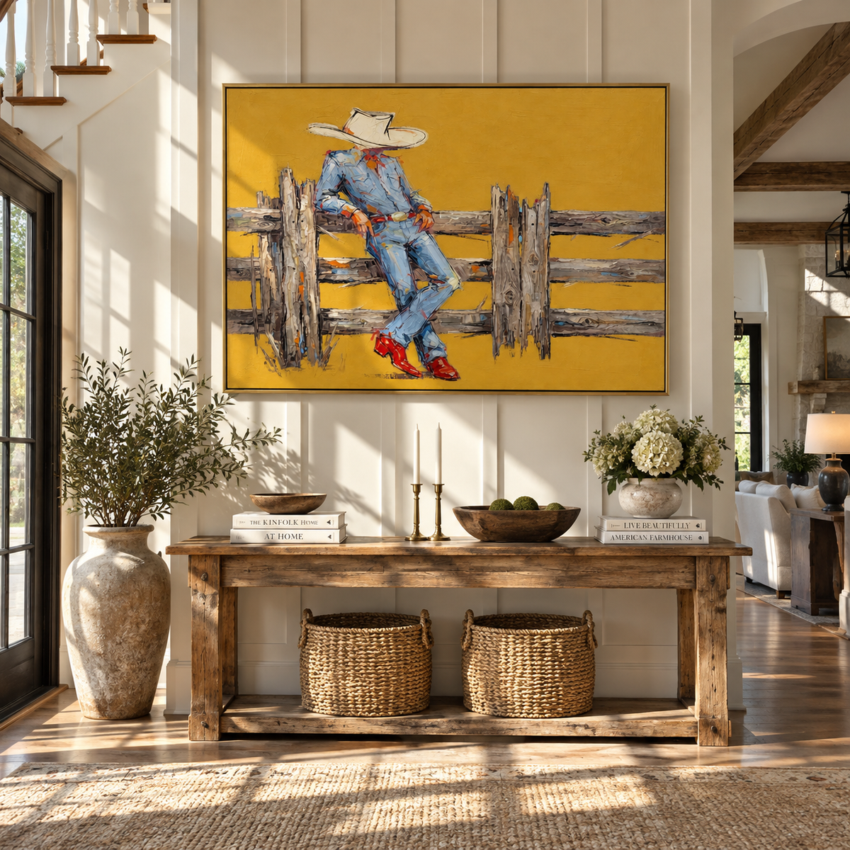 Golden Fence Break - cowboy by fence painting shown in modern room setting 4