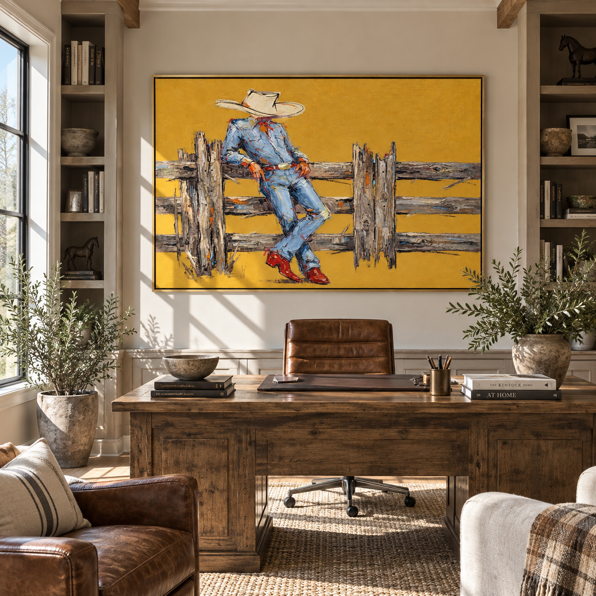Golden Fence Break - cowboy by fence painting shown in modern room setting 5