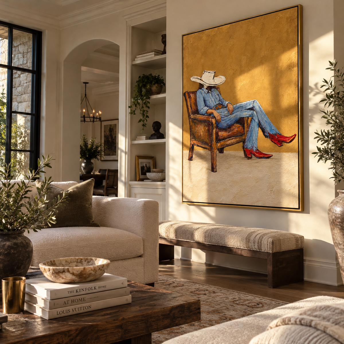 Golden Chair, Scarlet Boots - seated cowboy portrait painting displayed in a styled interior