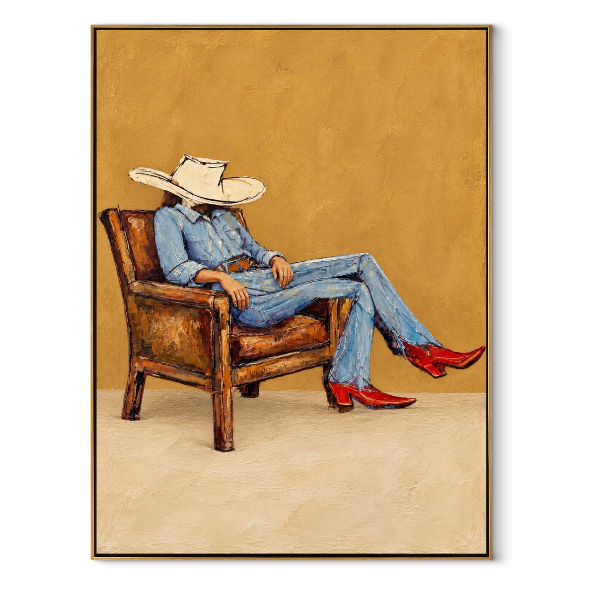 Golden Chair, Scarlet Boots - seated cowboy portrait painting in a wood frame on white