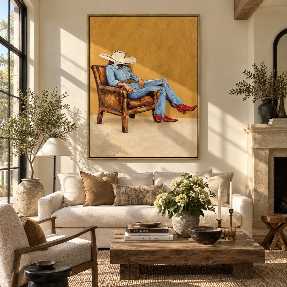 Golden Chair, Scarlet Boots - seated cowboy portrait painting shown in modern room setting 2