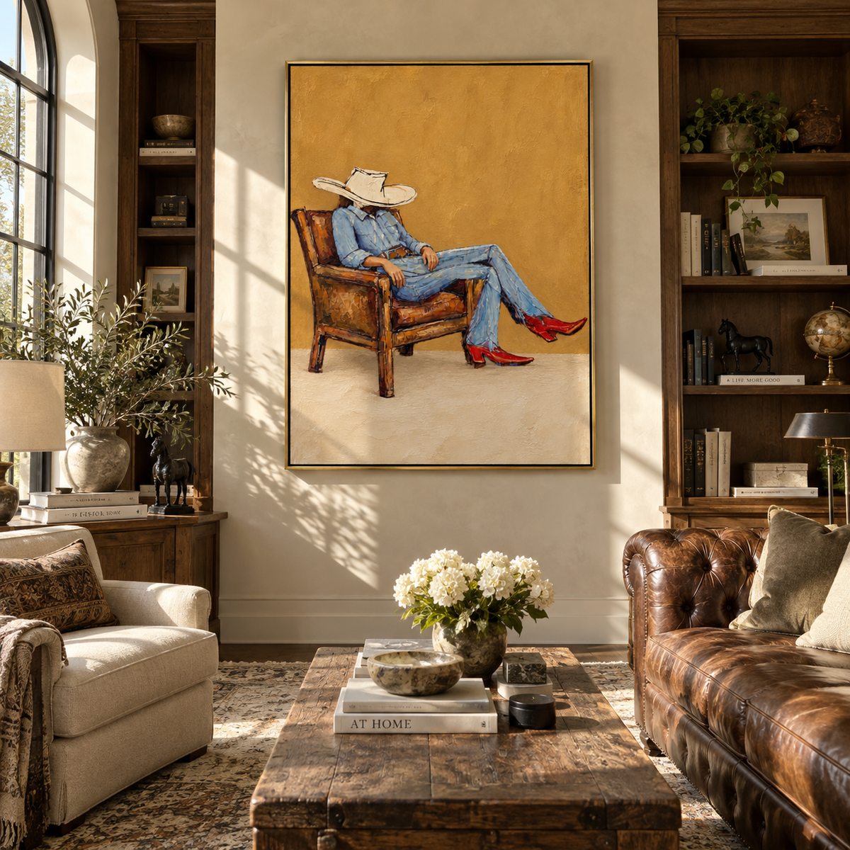 Golden Chair, Scarlet Boots - seated cowboy portrait painting shown in modern room setting 4
