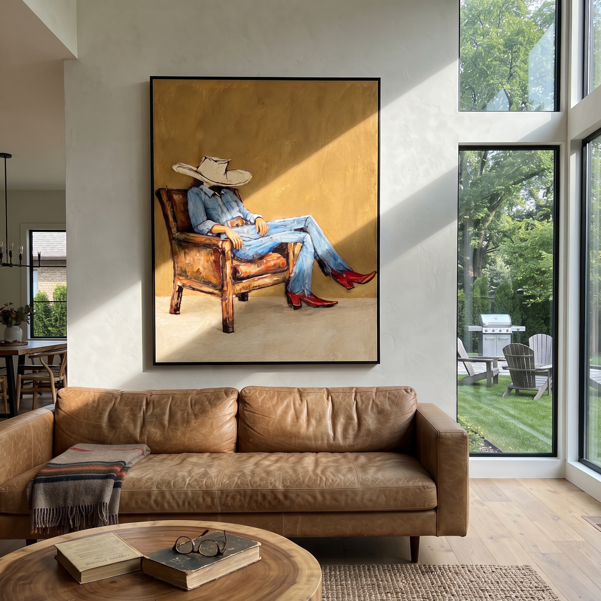 Golden Chair, Scarlet Boots - seated cowboy portrait painting shown in modern room setting 5