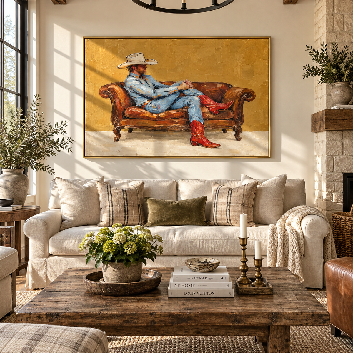Amber Sofa, White Hat - relaxed cowboy painting shown in modern room setting 2