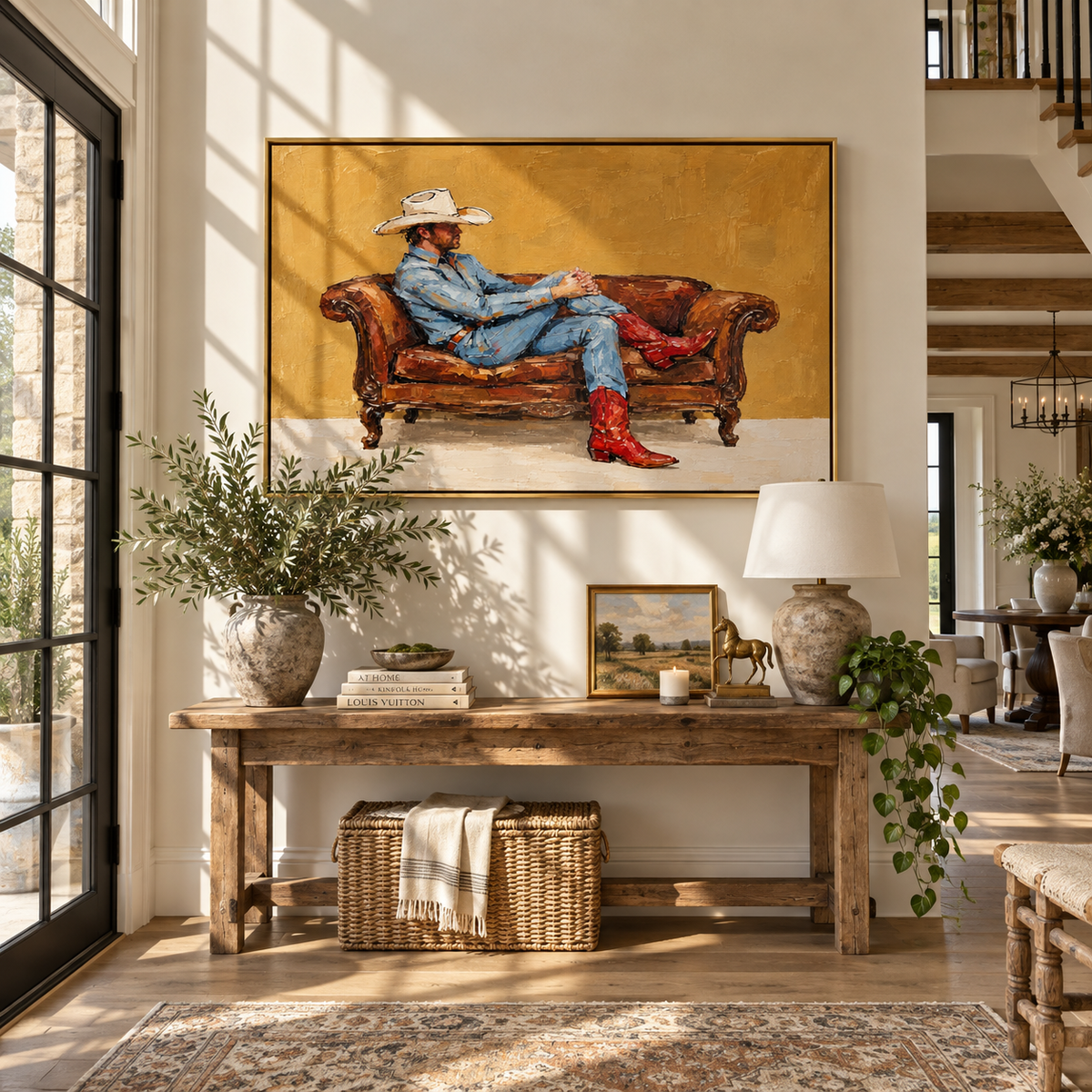 Amber Sofa, White Hat - relaxed cowboy painting shown in modern room setting 4