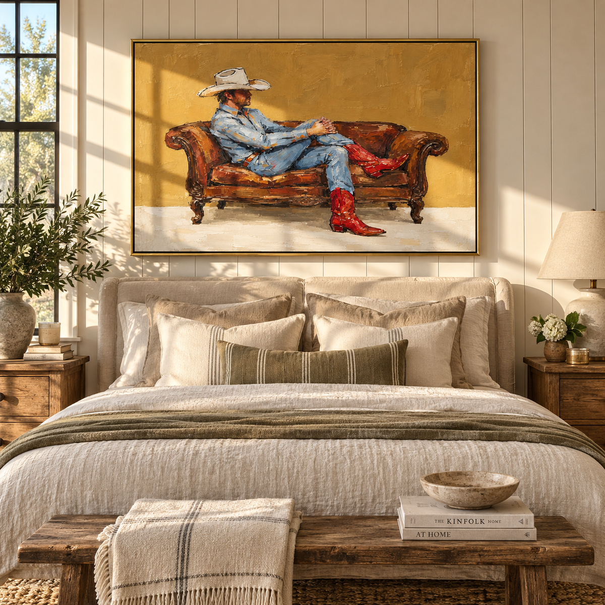 Amber Sofa, White Hat - relaxed cowboy painting shown in modern room setting 5