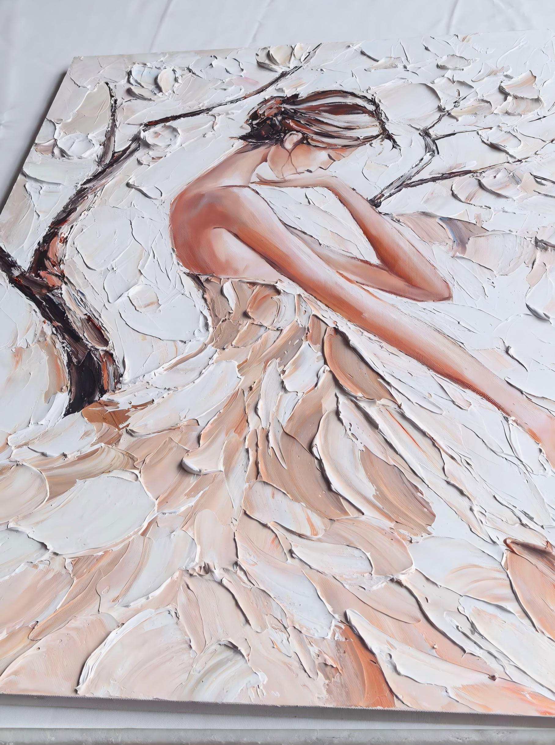 Elegance in Bloom – Modern French Luxury Creamy Textured Painting | Petal Dress Lady Bedroom Art