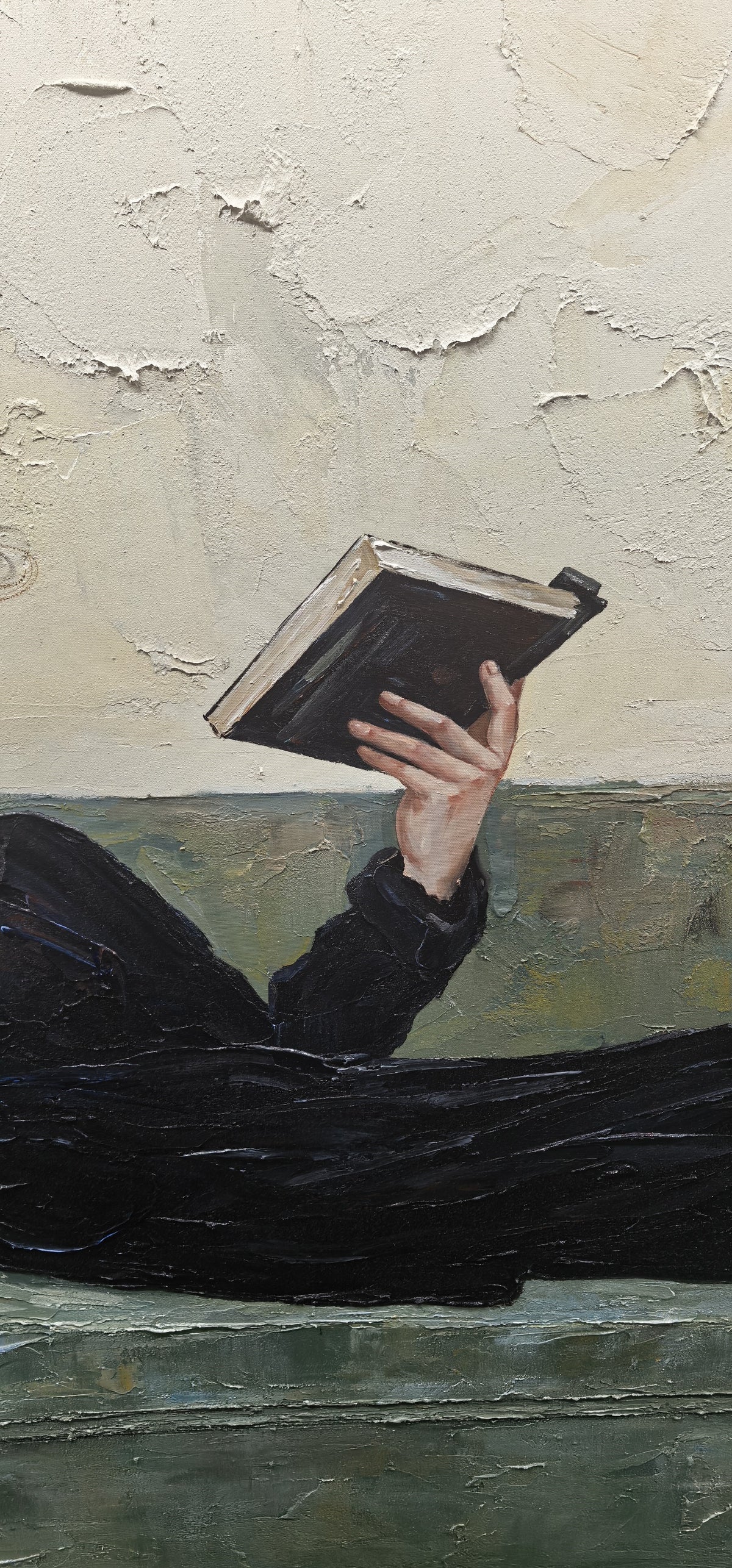 Black Dress Reads Sideways – Reclining Woman Reading on Sofa Painting | Retro Modern Horizontal Wall Art