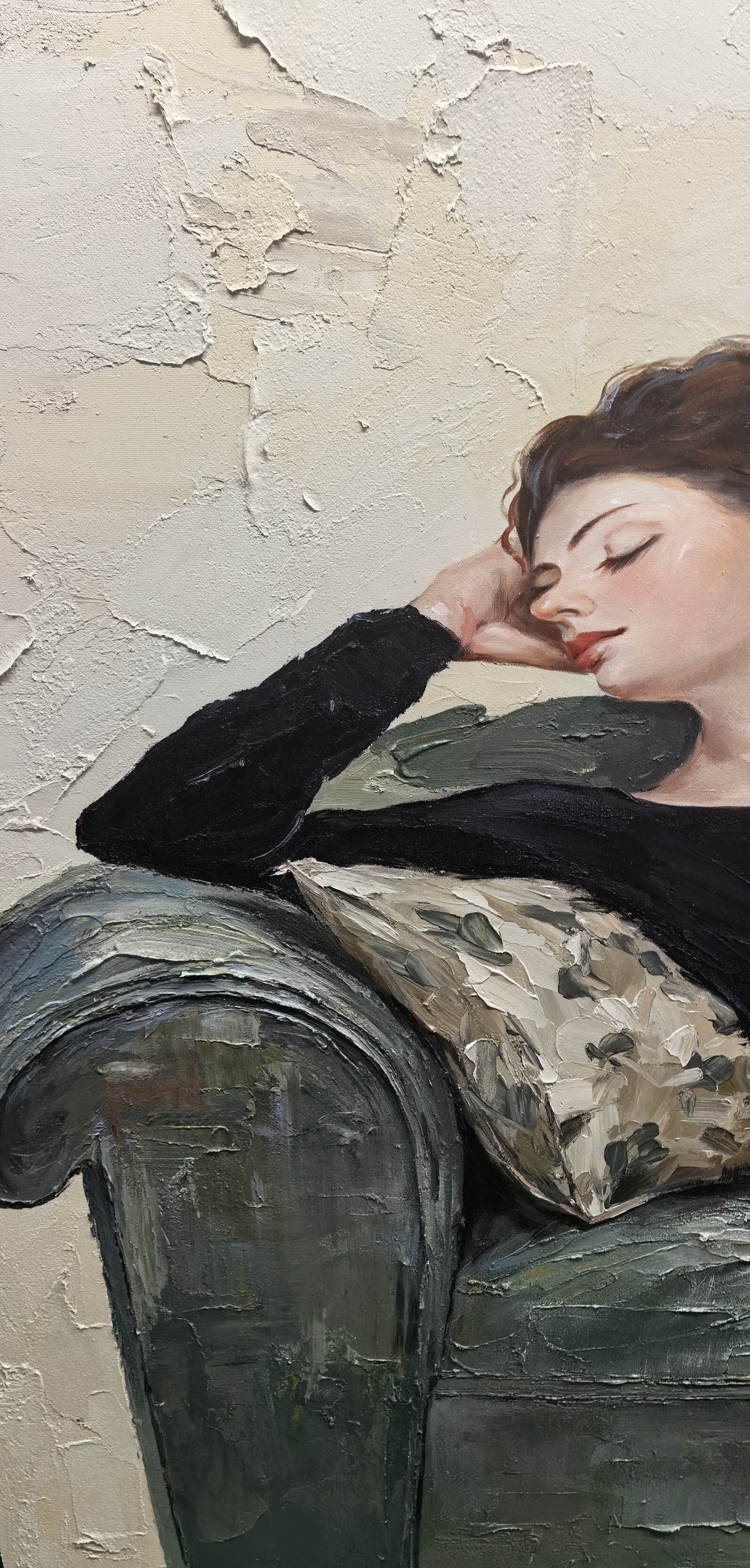Black Dress Reads Sideways – Reclining Woman Reading on Sofa Painting | Retro Modern Horizontal Wall Art